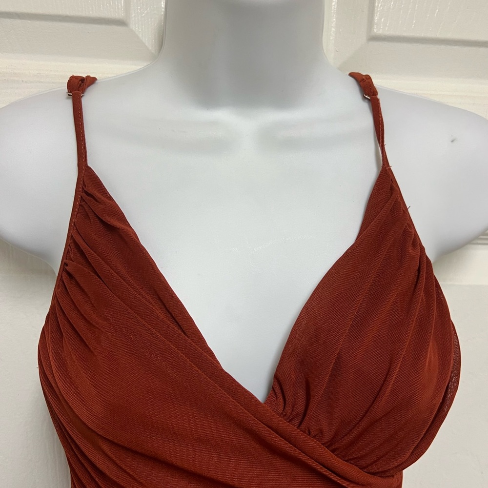 Spring Haze Rust Sheer Ruched Asymmetrical Maxi Dress - Picture 4 of 12